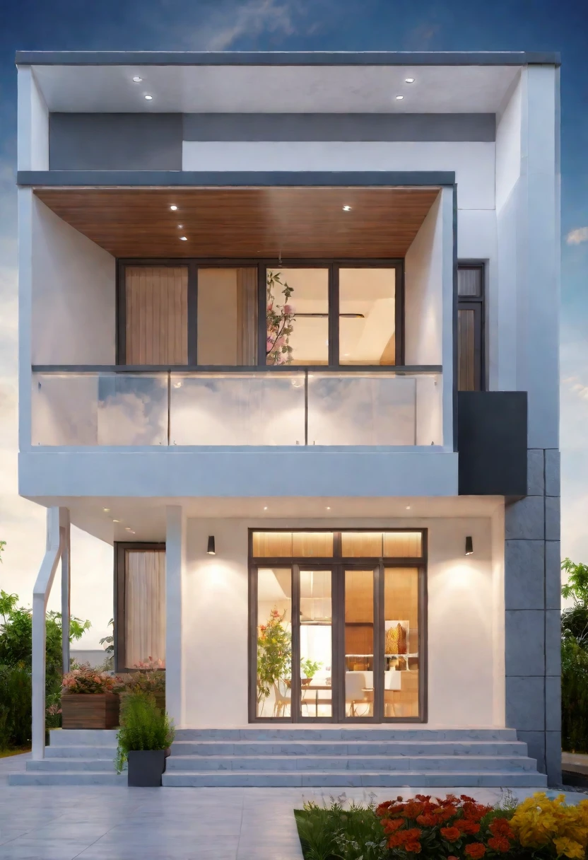 (masterpiece),(high quality), best quality, real,(realistic), super detailed, (full detail),(4k),8k,modern house exterior design,Modern architecture,Beautiful_sky,Day light, no_humans, outdoors,sky,tree,Garden flower front of building,