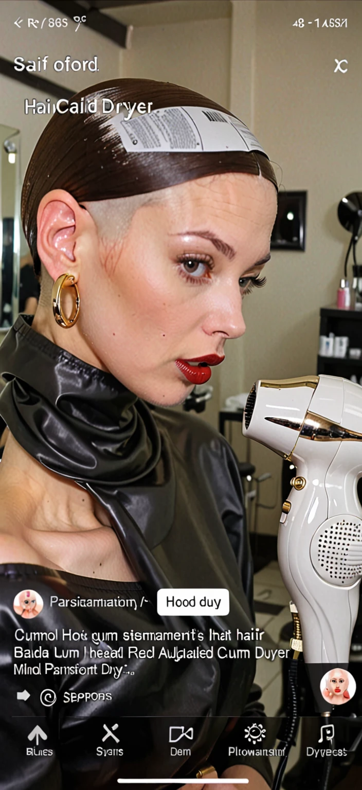 under hair dryer, Hair salon , brainwashing, Hair dryer helmet, ear parasite, mind control, gold hoop earrings, naked body, breast augmentation, naked body, bald, huge dark red lips, Blowjob, cum face, cum in mouth, hair dryer, hood dryer, bimbofication, stepford
