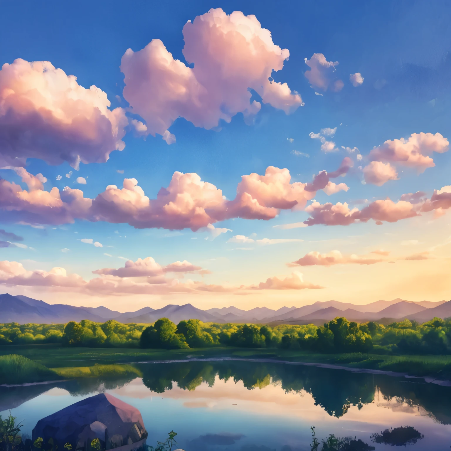 Nearby is the forested Great Plains,Flowers are blooming on the plains,There is a lake,there is a stone,A hazy mountain in the distance々I can see,The sky was colored by clouds,the morning sun rises,Starlight,watercolor asterpaintings