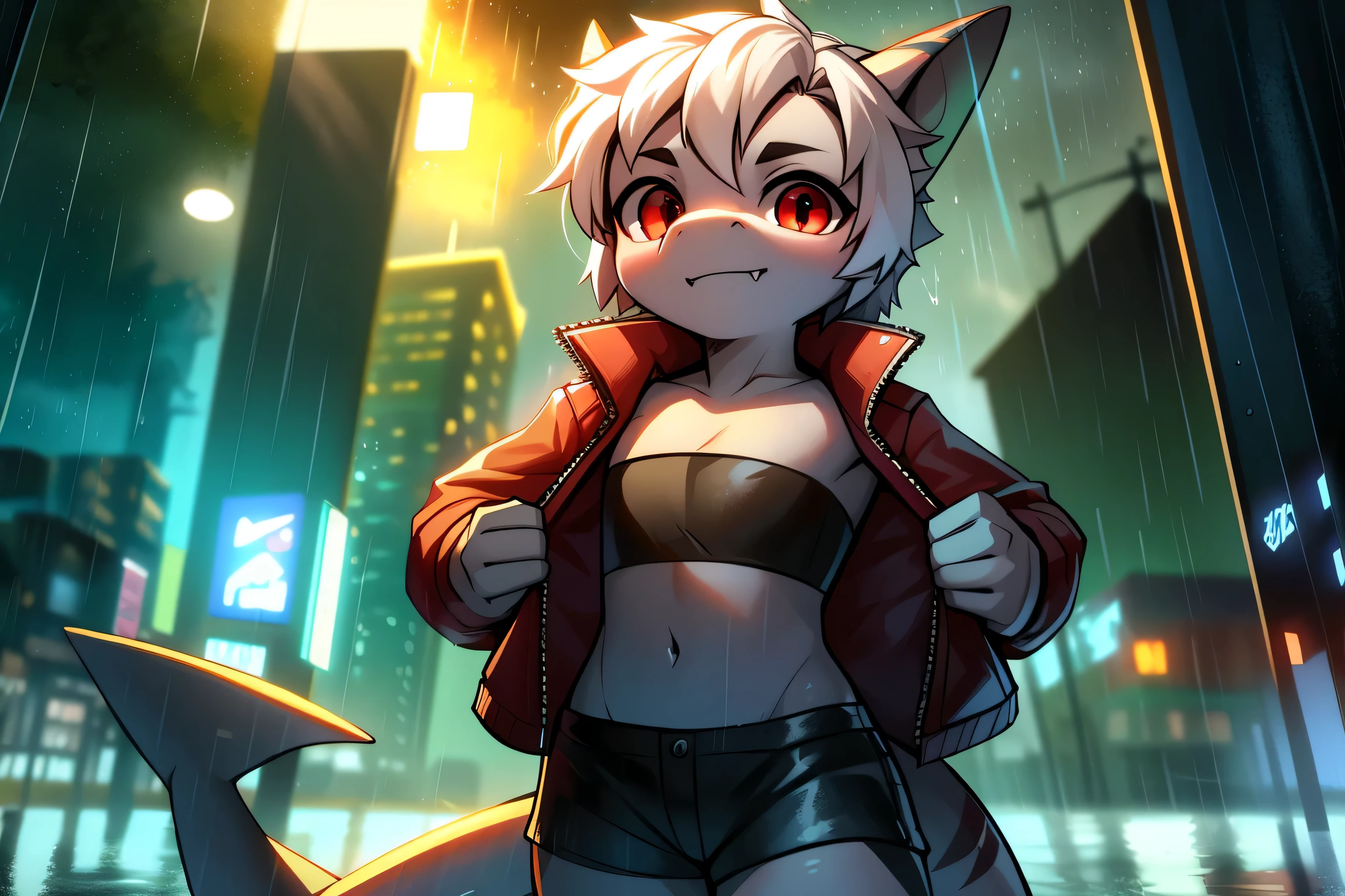 ((shark)), solo, young, cub, flat chest, grey body, (short snout), red eyes, white spiky hair, fangs. shark tail, red open jacket, ((black tube top)), ((black short shorts)), ((standing)), looking at viewer, city background. ((raining)), (((heavy rain))), up close. Very good figure, cinematic lighting, volume lighting, masterpiece, best qualit0y