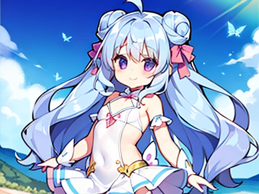 1 girl, young girl, alone, blush, light blue hair, ((curly hair)), very long hair, double bun hair, purple eyes, ((flat chest)), ((no breasts)), White short cape, purple skirt, With butterflies, blue sky, sunny, smile, ((Surface details)), 8K, Super detailed, masterpiece, high quality, High resolution, high detail, high facial detail, HD quality,