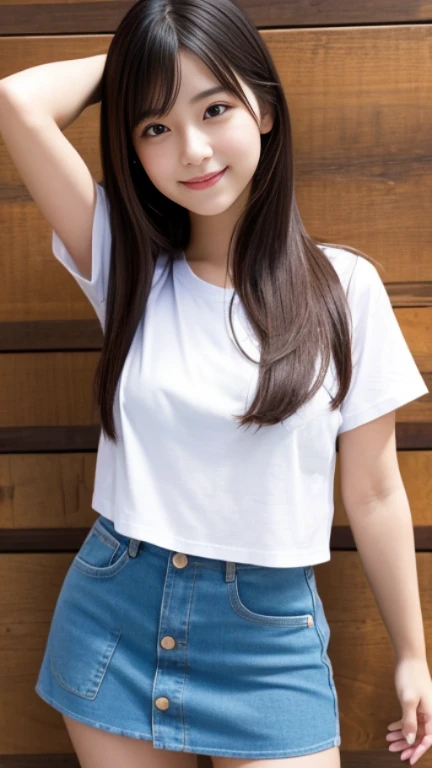 cute japanese girl、smile、mini skirt、masterpiece, best quality, ultra high res, (photo realistic:1.4), 1girl, munechira, loose t-shirts, leaning forward, nipples, from above, looking away, fullbody shot,