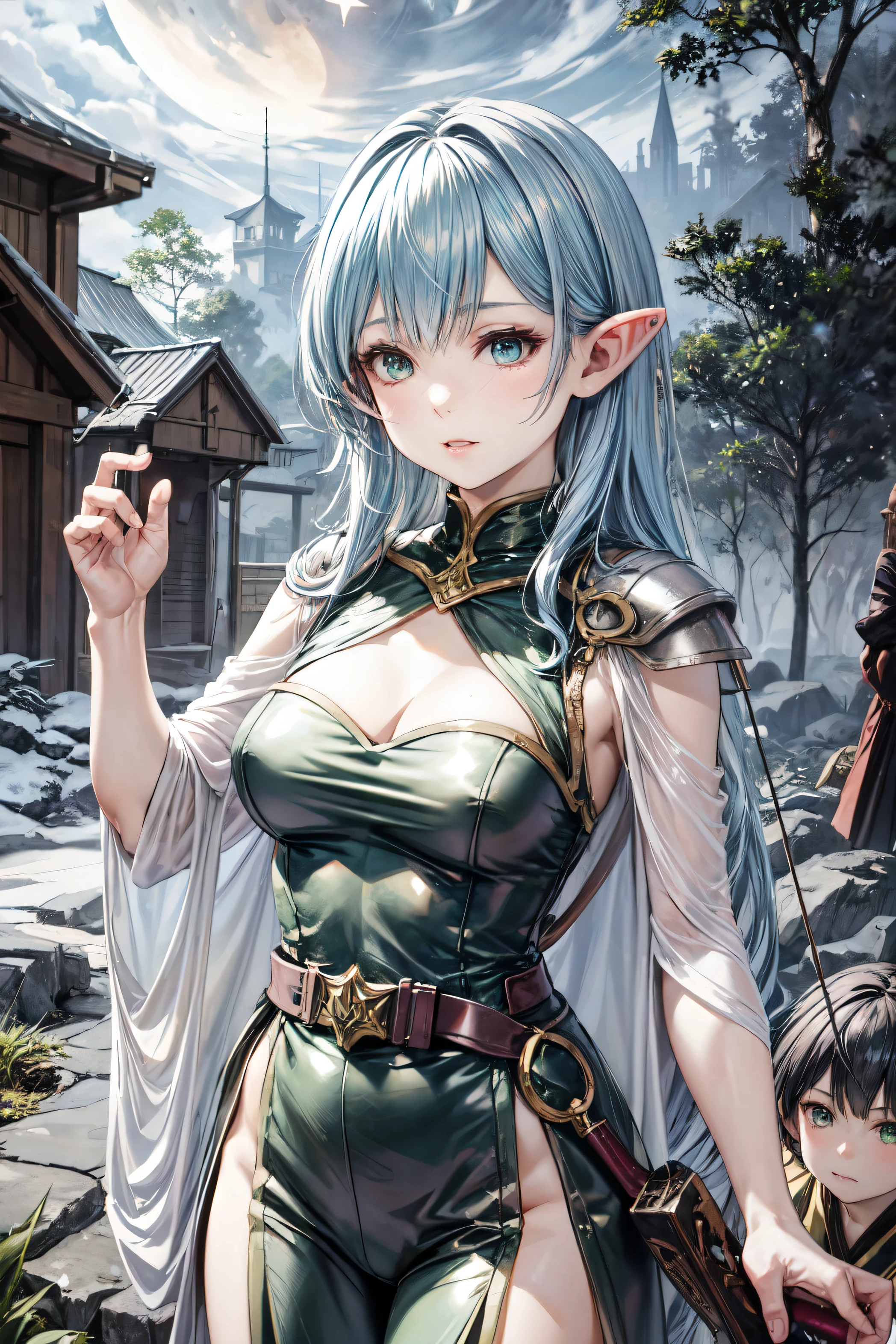 Hair like Starlight. Green eyed anime girl with Bow on back in a moon lit forest at night, elf girl, artgerm and atey ghailan, extremely detailed artgerm, female elf, alluring elf princess knight, 2. 5 d cgi anime fantasy artwork, elf warrior, a portrait of an elf, artgerm lau, anime girl. skinny and small. green ranger type outfit. dnd inspired. archer.