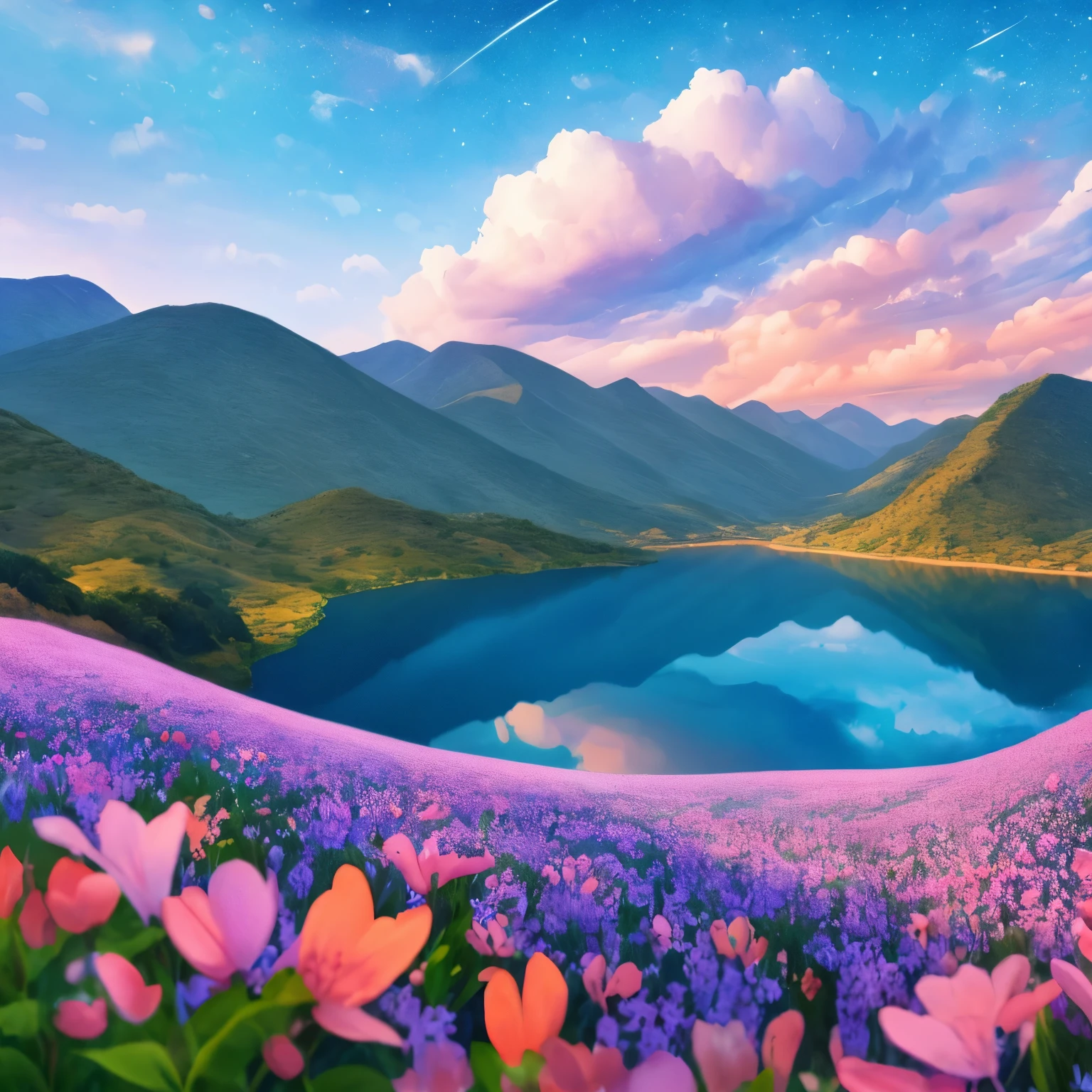 Nearby is the forested Great Plains，Flowers are blooming on the plains，There is a lake，there is a stone，A hazy mountain in the distance々I can see，The sky was colored by clouds，the morning sun rises，Starlight，watercolor asterpaintings 