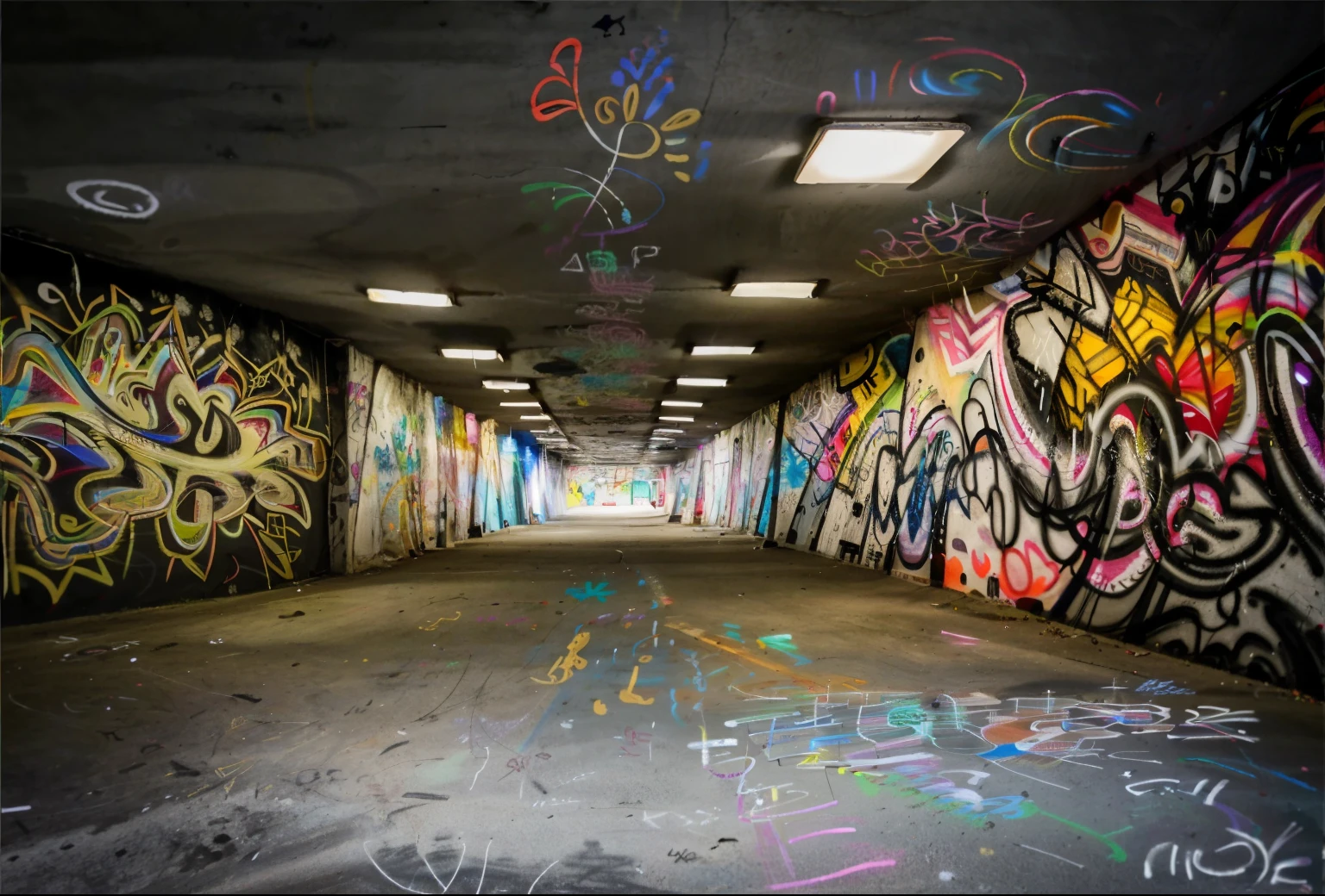 doodle covered walls in a tunnel with lights and a skateboard, doodle in an abandoned bunker, urban exploration, underground art, doodle on walls, doodle concrete, urban exploration, urban doodle, doodle on the walls, doodles, doodle painting, The terrifying emptiness of liminal space, intricate doodle, wall with doodle, doodle, Street art, Street art8K, doodle art