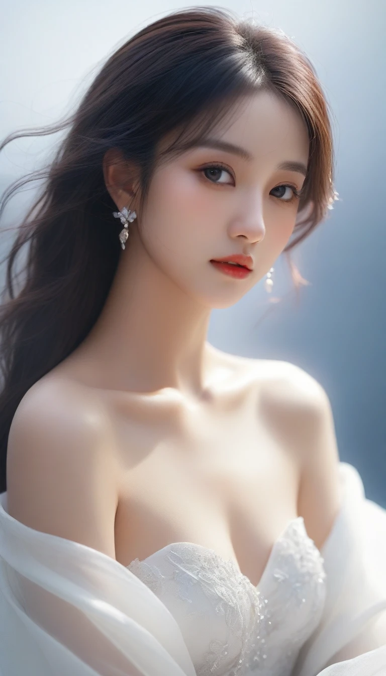 a close up of a woman with long hair wearing a white dress, soft portrait shot 8 k, artwork in the style of guweiz, guweiz, beautiful aesthetic face, realistic. cheng yi, lovely delicate face, with long hair and piercing eyes, beautiful realistic face, extremely beautiful face, inspired by Yanjun Cheng, stunning anime face portrait