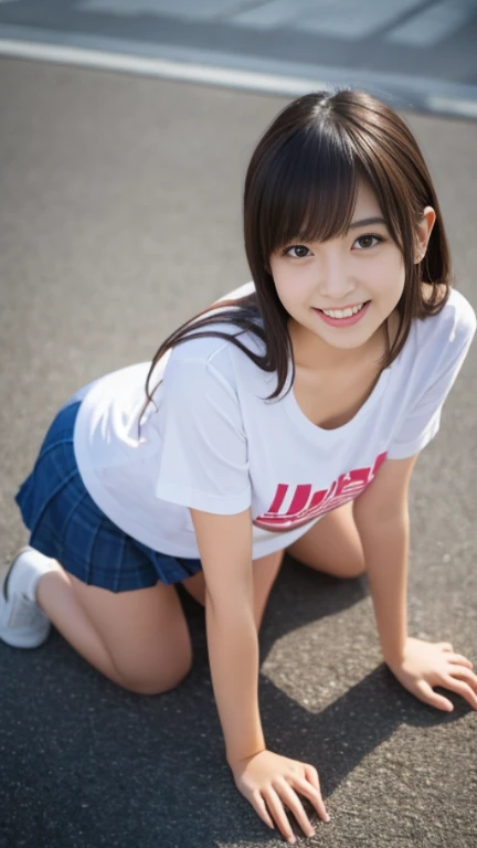 cute japanese girl,smile,mini skirt,crawl on all fours,masterpiece, best quality, ultra high res, (photo realistic:1.4), 1girl, munechira, loose t-shirts, leaning forward, nipples, from above, looking away, fullbody shot,