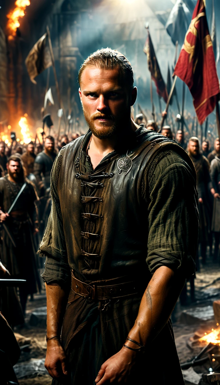 Depict Ragnar Lothbrok standing triumphantly on a battlefield, surrounded by the banners of conquered kingdoms, naked, crowd cheering for them , detailed face, detailed face expressions, natural face expressions, face in detail, asymmetrical faced,(tall and slender body), fair and smooth skin, detailed hands, detailed fingers, masterpiece, cinematic lighting, physically based rendering, lens flare, award winning rendering, perfect rendering detail, 8K, realism, detailed background, everything in detail, cinematic shot, dynamic lighting, 75mm, Technicolor, Panavision, cinemascope, fine details, 8k, HDR, realism, realistic, key visual, film still, superb cinematic color grading, depth of field, ,midjourney,cat