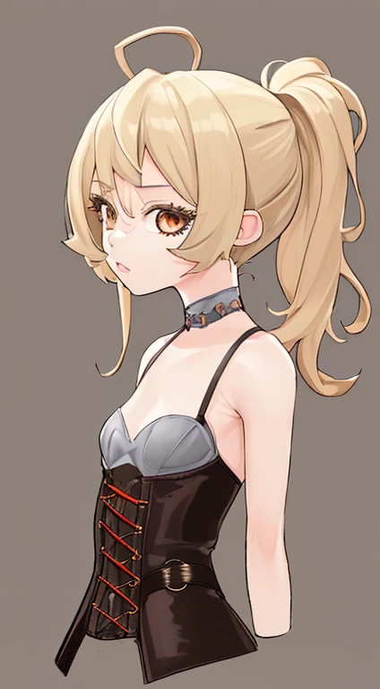 1girl, Single, Looking at the viewer, long blond hair, He wears a corset, Big ass, Brown eyes, Upper body, Gray background, Regular breasts, Shefa, real, partkonigsreuter