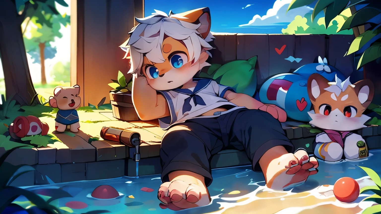 intermittently，masterpiece，High resolution，8K，Detailed background，high quality，intermittently，intermittently，（light blue fur，white hair，black sclera，hairy的毛皮，Fine hairs）） hairy， shattered， muscular， horny boy， toy doll， shorter pants， Swimming pants， abyss,((at the bottom of the sea， seaside， play with water， swim， dive，float))， alone,Sailor suit,Lying in bed,behave in a spoiled manner,shy blush
