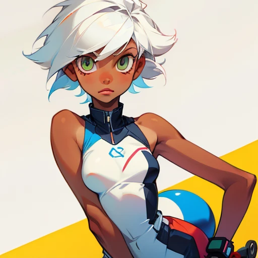 cute androgynous bimbo tomboy girl, medium white hair, sporty, tan skin, breasts