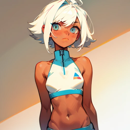 cute androgynous bimbo tomboy girl, medium white hair, sporty, tan skin, breasts