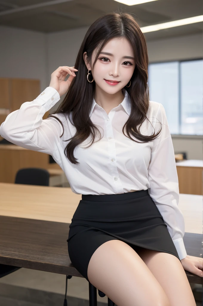 (8K、highest quality、highest quality、masterpiece、ultra high resolution、big 、carefully crafted face、beautiful fingers、beautiful hands、skin texture),whole body、idol sculpture、((long hair))、alone、beautiful double eyelids、smile、white cutter shirt、Black Long Pencil Skirt、pumps、office、(woman)、OL、work、
