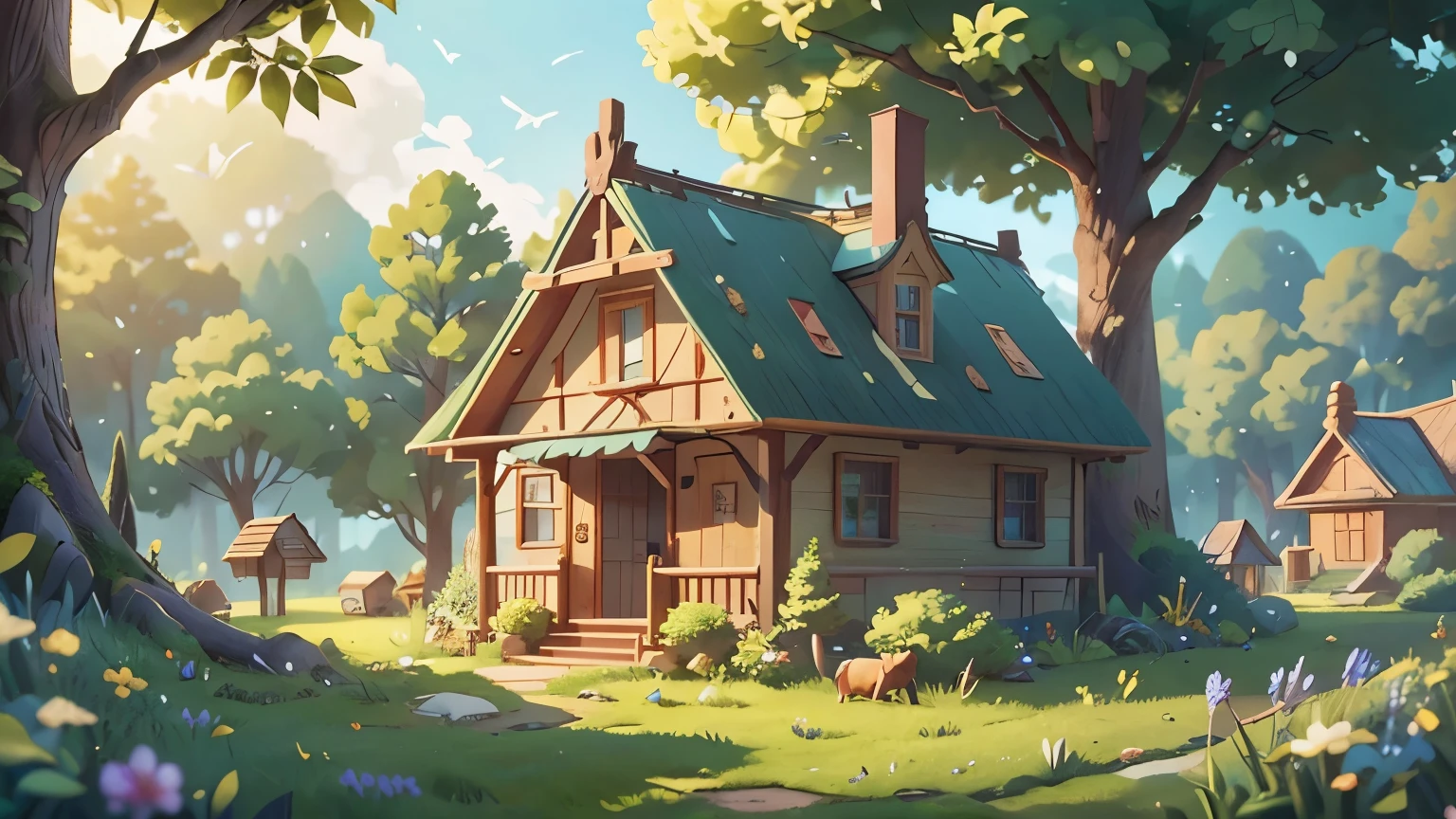 once upon a time, In a high village near the sky, そこには小さなboyがおじいさんとおばあさんと一緒に住んでいました. this enchanting village, Standing on a cloud-covered hill, Filled with the warmth of family love and the beauty of simple living.。. boy, A bundle of joy and surprise, spent his days in the embrace of nature and the comforting tales spun by his grandparents under the twinkling stars. This scene is、A strange blend of realism and fantasy captures the magical essence of this village。, Grandparents' cozy villa with charming radiance, Under the sky you can reach、lush environment, And heartwarming family interactions. High dynamic range that combines the charm of fairy tales with the realism of photography (HDR) To enhance the vividness of the rural landscape, with shallow depth of field、Focuses on the boy's playful innocence and his grandparents' tender love。, Conveys the dreamlike atmosphere of the village、Soft and fantastic lighting, Rich color saturation for drawing pictures that look like fairy tales, Realistic texture of cottage, nature, disney style, acrylic paint, Trending on pixiv fanbox, palette knife and brush strokes, Makoto Shinkai's Style Jamie Wyeth James Gilliard Edward Hopper Greg Ratkowski Studio Ghibli Genshin Impact