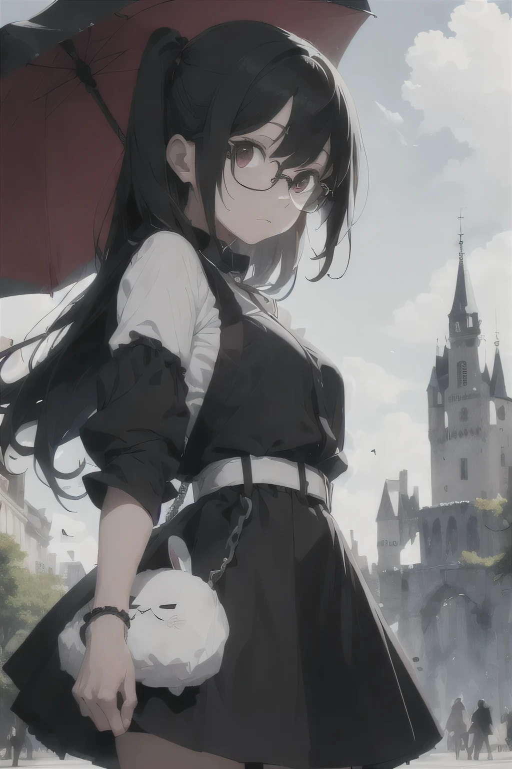 absurdos, high resolution, ultra detalhado, (1 garota:1.3),
quebrar
,Draw a vampire gothic anime girl with black hair that fades to white. wearing a black top with puffy long arm sleeves black, and a black skirt. she wears glasses with some cross and chains. she holds a black umbrella. make a half-black, half-white stuffed rabbit fly next to her. add a destroyed castle background. and imagine the tone of the image a dark tone