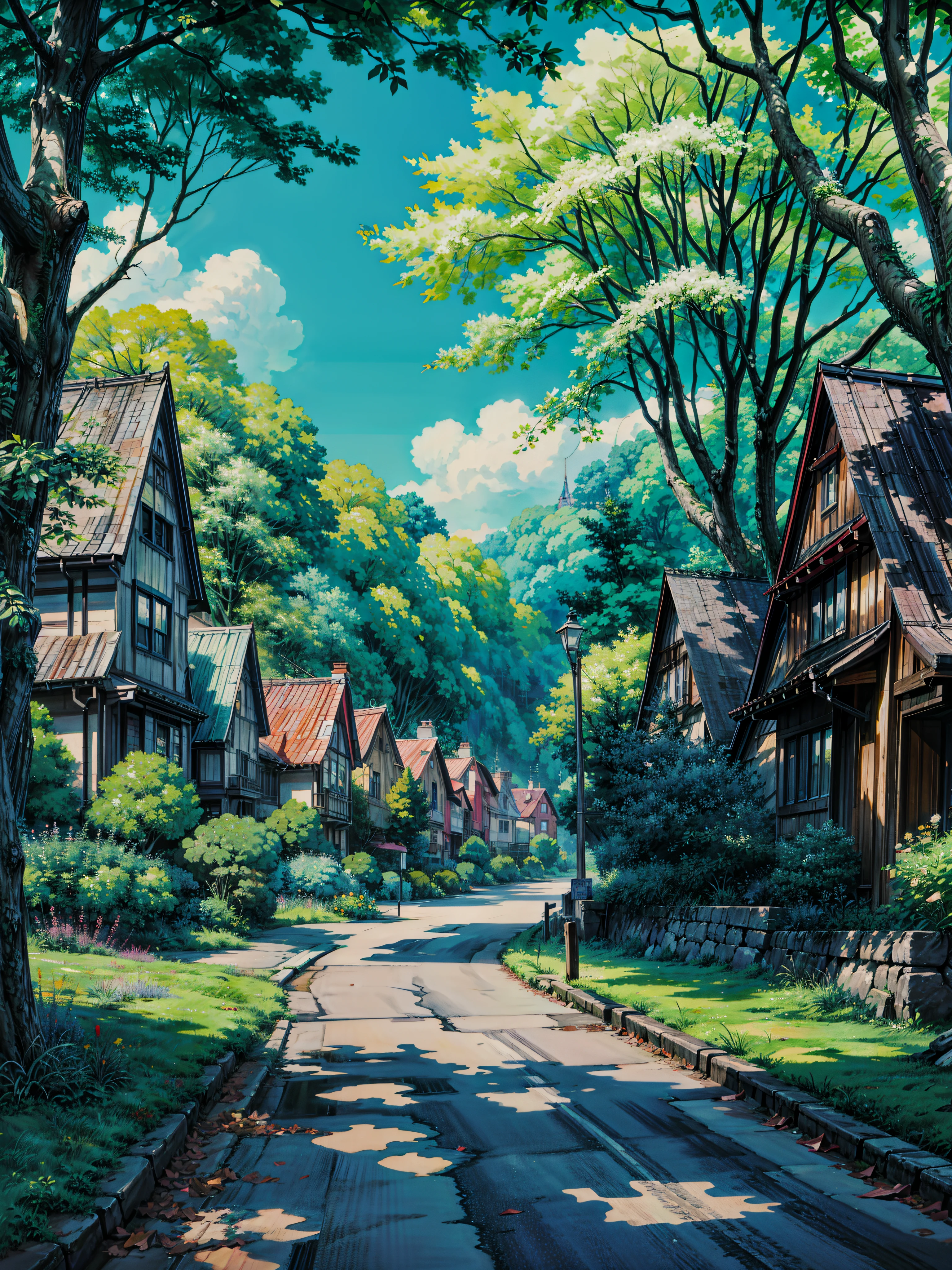 a street lined with lots of houses and trees, anime scenery, anime nature wallpap, anime. by makoto shinkai, anime landscape, anime nature, anime landscape wallpaper, anime beautiful peace scene, anime movie background, summer street, by Makoto Shinkai, by makoto shinkai, anime background art, peaceful suburban scene, studio ghibli environment, 4k hd,, beautiful art uhd 4 k, a beautiful artwork illustration, beautiful digital painting, highly detailed digital painting, beautiful digital artwork, detailed painting 4 k, very detailed digital painting, rich picturesque colors, gorgeous digital painting