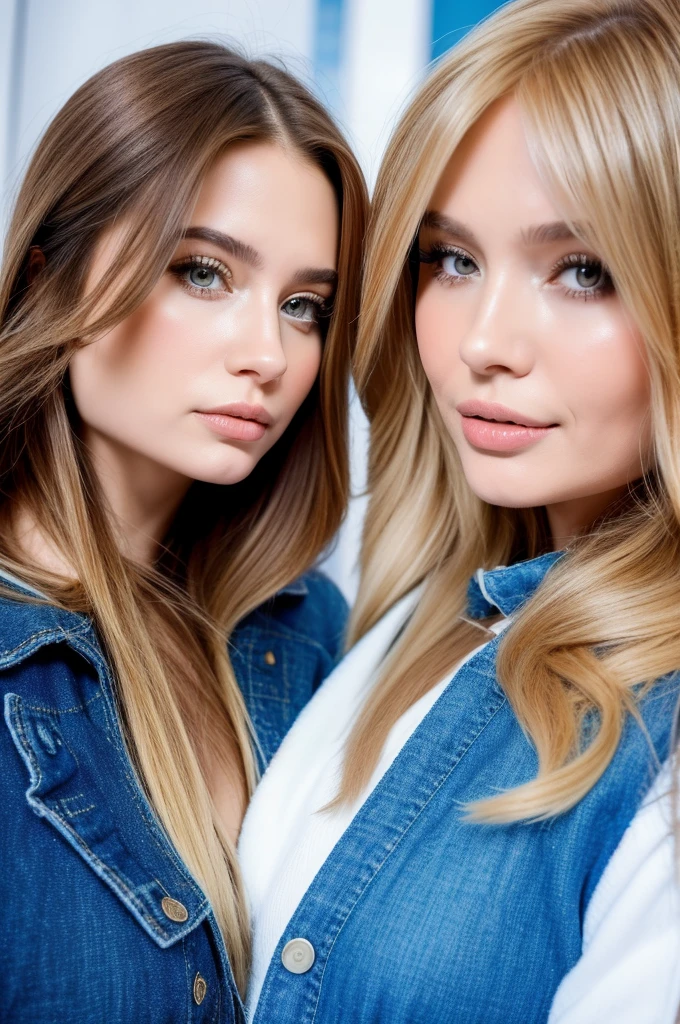 Professional photograph, best quality, 8K, hyper detailed, half body, A close up portrait of two gorgeous, beautiful, wonderful women, argentinian and russian females together posing for the camera, both women have super long hair, argentinian girl has brown hair and russian girl has dark blonde hair, the both of them are wearing winter clothing, both girls are wearing denim jackets. Both women are wonderful, dream, ethereal, timeless, majestic beauties from Argentina and Russia, they're glad and enjoying taking a picture. There are a argentinian and a russian flag at bottom