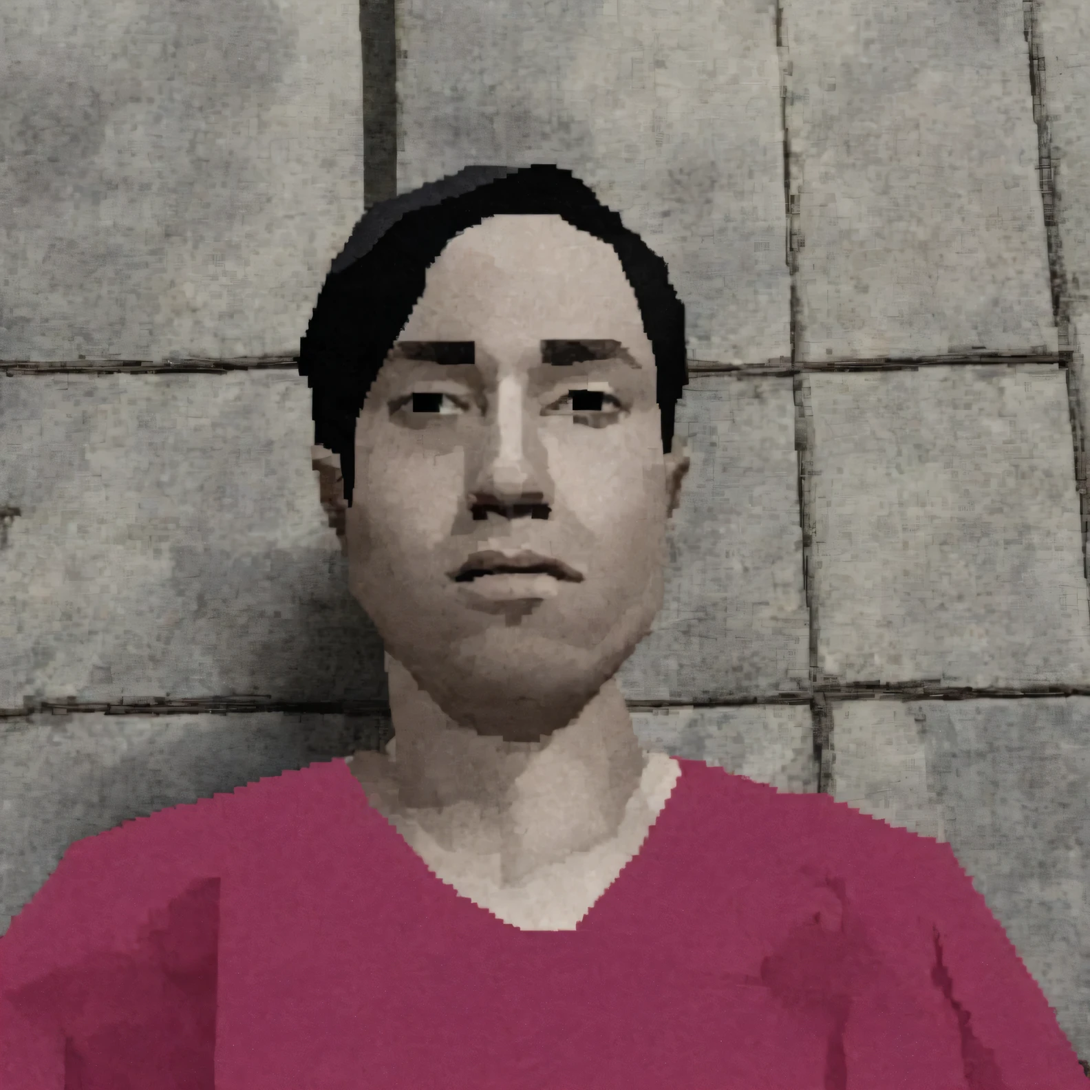 arafed man in a red shirt standing in front of a wall, frontal picture, around 1 9 years old, 2 7 years old, 2 3 years old, 2 8 years old, 2 2 years old, 2 9 years old, retro3d, glitch pixelart, game ps1