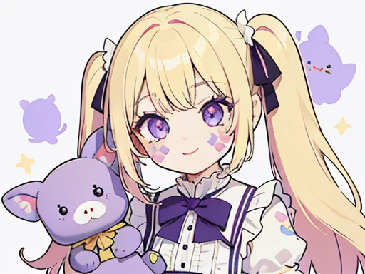 (table top), (highest quality), (Super detailed), (whole body: 1.2), 1 girl, a bit, cute,smile,colorful background, pink, purple,White Gothic Lolita Outfit, blush, : 3, (Fluffy curly hair:1.2),(Twin tails with large ribbons:1.1),(banguri and, blonde, (薄purpleの瞳:1.3),(whitish eyelash stickers, Bangortiful detailed face), (Beautiful and detailed eyelid body,cuteポーズ,(A space full of stuffed animals and toys)