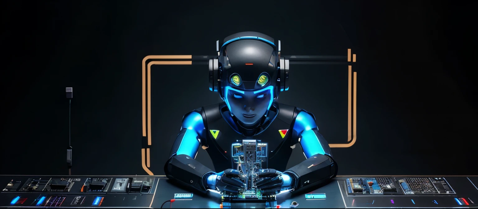 a human robot with many circuits and connections with chips