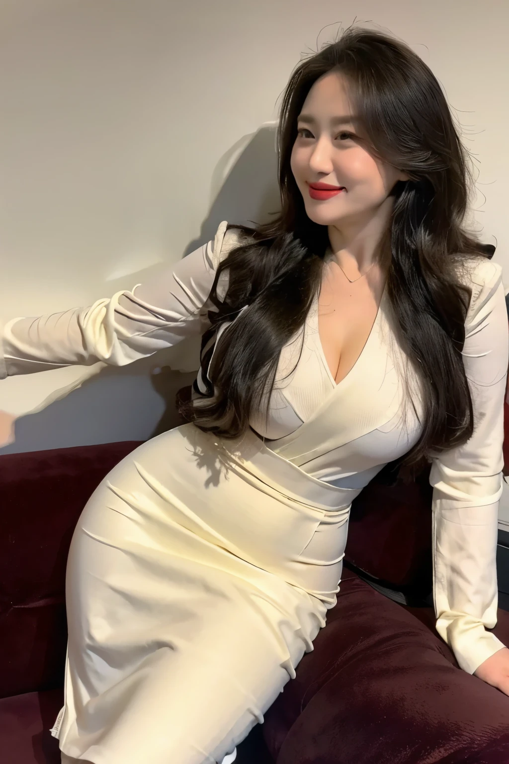 ((top quality、8k、masterpiece:1.3))、sharp focus, High level of image quality, high resolution,Shirts and shirts,business attire,37-year-old woman with long wavy hair,Mature,charming smile,Draw lips correctly, red lipstick,stand,Chubby body,Big breasts,On black sofa background,full-body shot