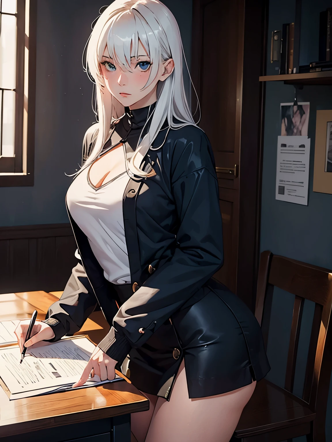 (Highest quality, High resolution, Very detailed), 1 female, Silver Hair, Long Hair, Reddish brown eyes, suits skirt, lace thong, Large Breasts, secretary, 24th generation, Beautiful woman, mature, thin, quiet, Calm, Large Breasts, A small smile, office,
