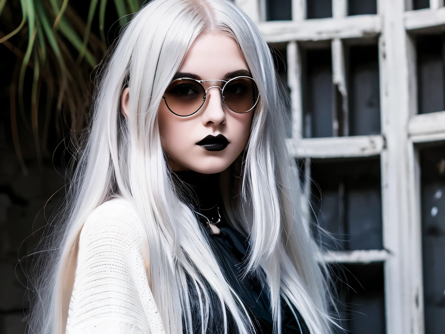 Chica rubia con pelo largo gris y gafas de sol posando para una foto., Goth pastel aesthetic, pale gothic beauty, gothic girl aesthetic, pale fur, Goth pastel, 1 7 year old gothic girl, chica de pelo plateado, ella parece una mezcla de grimes, su cabello es blanco, con el pelo largo y blanco, parece una mezcla de mugre, chica perfecta de pelo blanco, gothic aesthetic