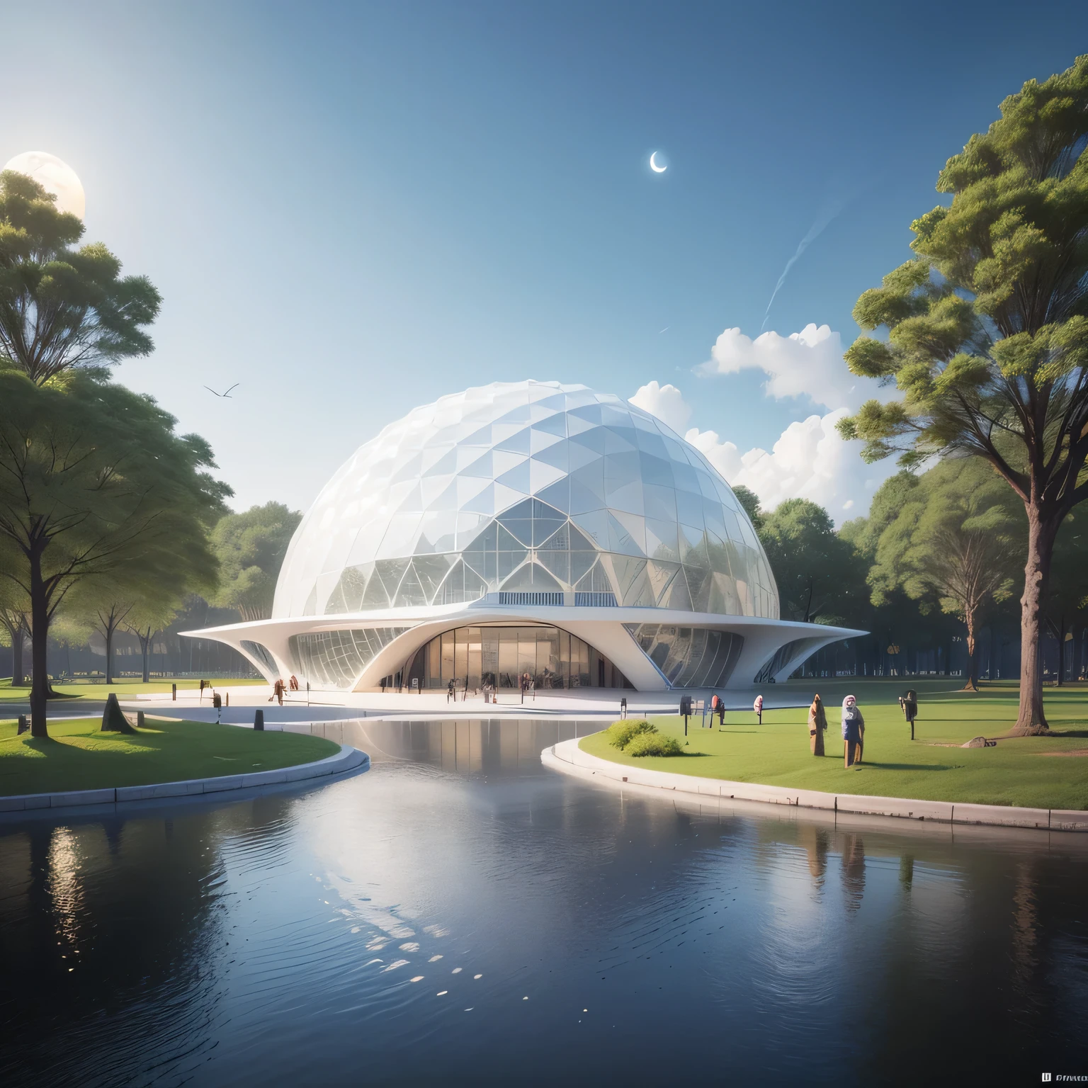 There is a huge white building in the center of the park，The roof adopts membrane structure，has a big roof, Geodesic architecture, futuristic dome, architectural rendering, architectural rendering, Detailed rendering, Moonlight rendering, High quality rendering, architectural renderinging, Geodesic architecture, With 3D rendering, With 3D rendering, Render eight, Highly detailed rendering, 3D printing architecture