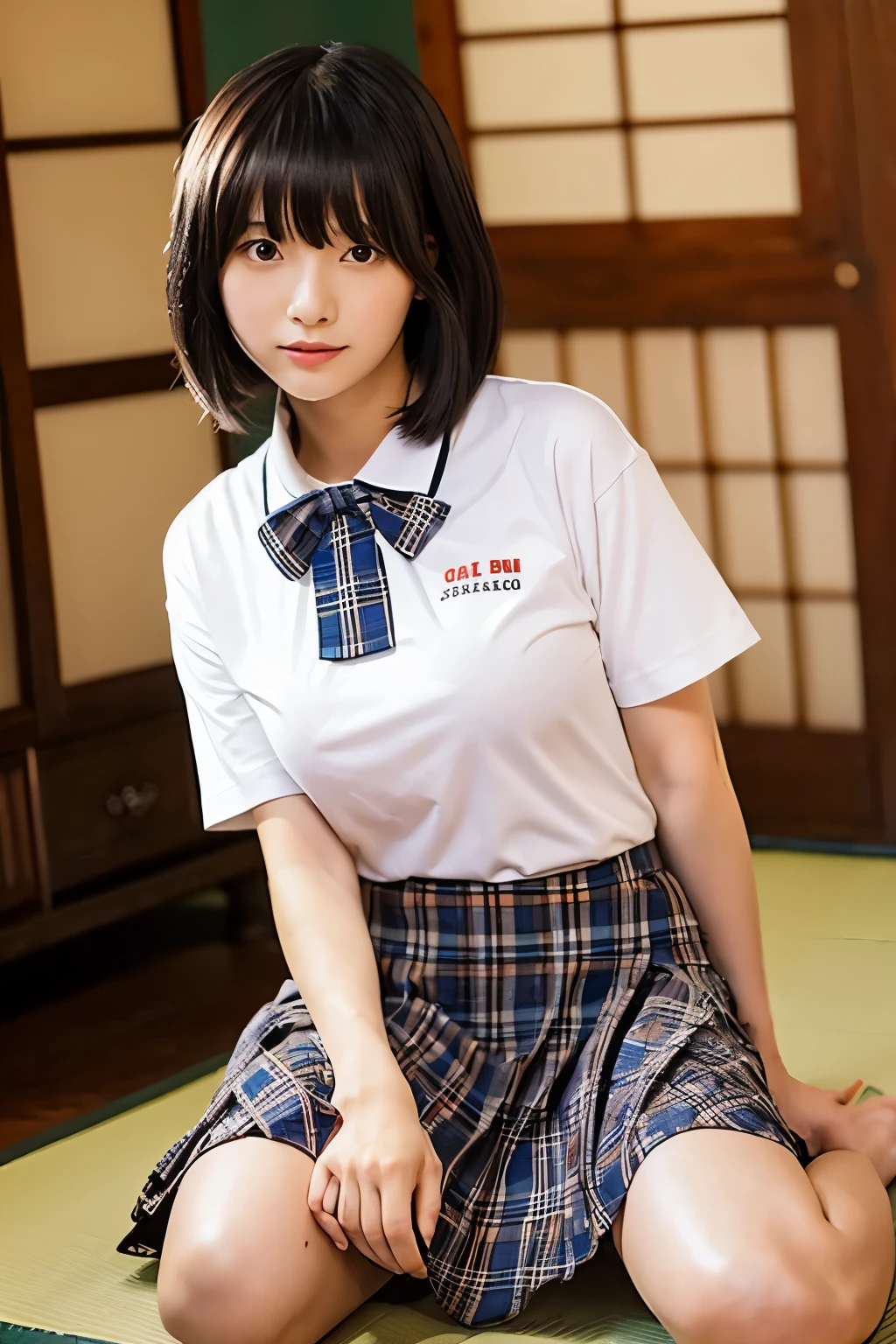masterpiece、highest quality、cinema、(cute japanese woman、bangs:1.3)、15 years old、1 girl、elegant、samurai residence、Japanese style room, sitting on the tatami, (detailed background), plaid skirt, shirt, Huge breasts peeking out a little through the ,白shirt, loafer shoes, The background is blurred, blurry, holding, tartan check, short sleeve, jk ribbon on neck, jk ribbon, black hair, bangs, pleated skirt, Depth of the bounds written