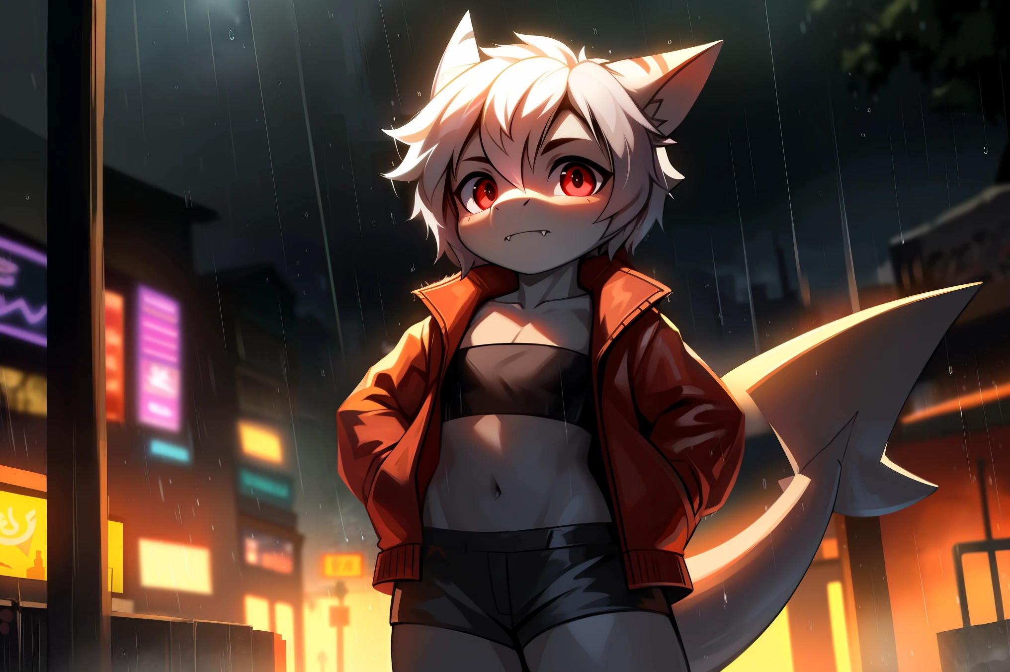 ((shark)), solo, young, cub, flat chest, grey body, (short snout), red eyes, white spiky hair, fangs. shark tail, red open jacket, ((black tube top)), ((black short shorts)), ((standing)), looking at viewer, city background. ((raining)), (((heavy rain))), up close. Very good figure, cinematic lighting, volume lighting, masterpiece, best quality