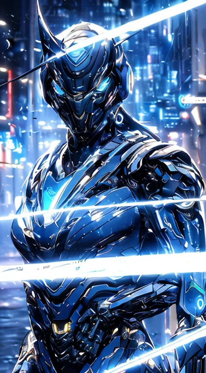 Surreal, Surreal, super detailed, (Cyber Warrior, long hair, blue eyes, black hair, split, Upper body, horn, armor, vague, Clothing tailoring, mask, vague background, Science fiction, mouth mask, cyborg, cyberpunk, Katana on the back, Katana handle protrudes from behind:1.3) (Glowing simple black background:1.25), masterpiece, best quality, Wide angle super detailed, masterpiece, best quality, 8K, natural lighting, soft light, Sunlight, high dynamic range (high dynamic range), Maximum clarity and sharpness, multi-layer texture