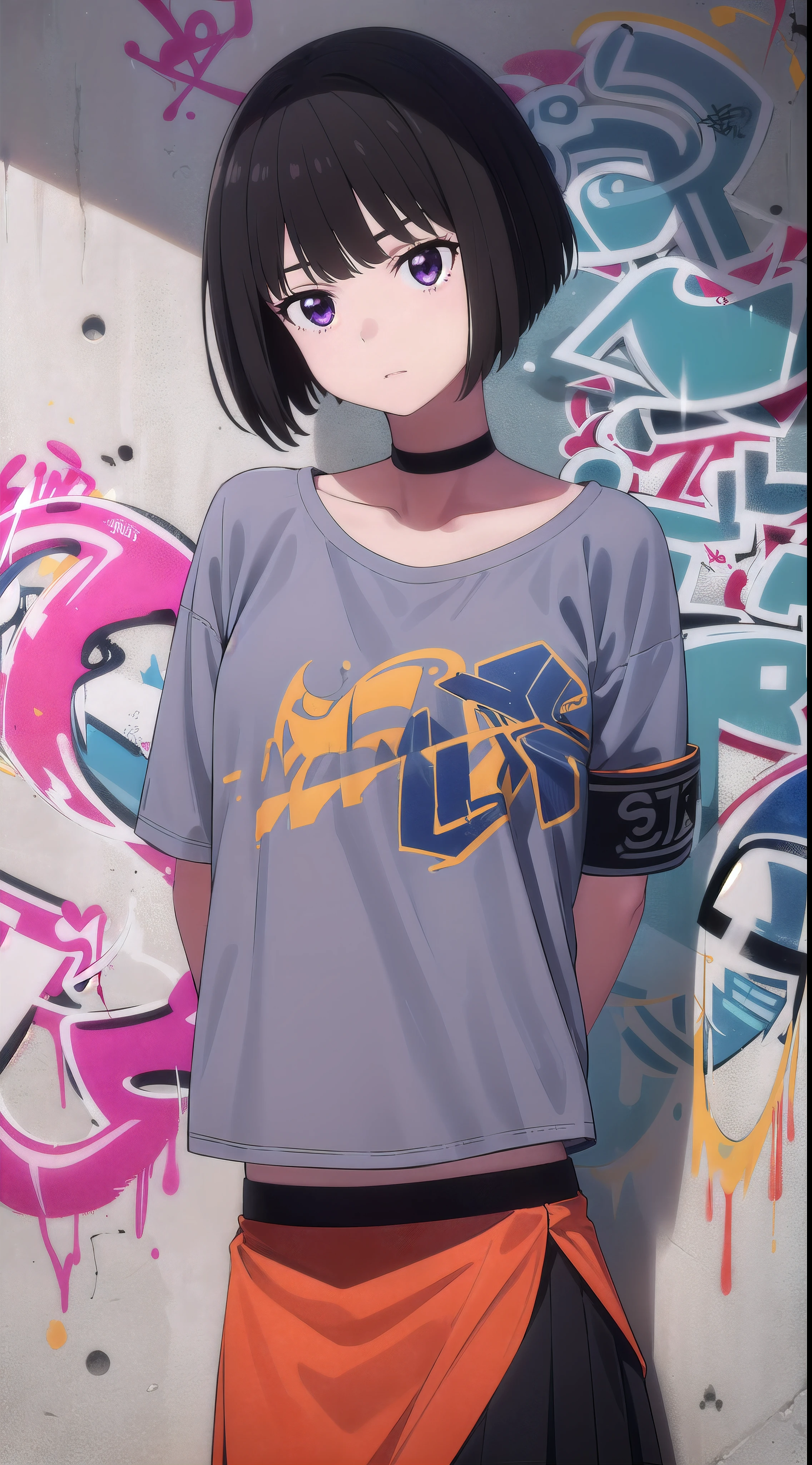 masterpiece, best quality, 1girl, solo, stylish crop top, vibrant black hair, bobhair, short-hair, short bob hair, (((bobcut))), ((haircut:1.3)), undercut, bobbed hair, minibob, sidecut, buzz haircut, sidecut, side of head shaved, purple eyes, graduation bob, straight short hair, short hair above the ears, Shot diagonally from the side, elegant braid, soft bangs, exposed back, alluring choker, (graffiti:1.5), artistic paint splatter, seductive arms behind back, leaning against wall, exposed back, fashionable armband, urban hiphop style, flirty skirt, playful head tilt, intense expression, warm orange, dynamic asymmetrical design, bold geometric shapes, creative street art