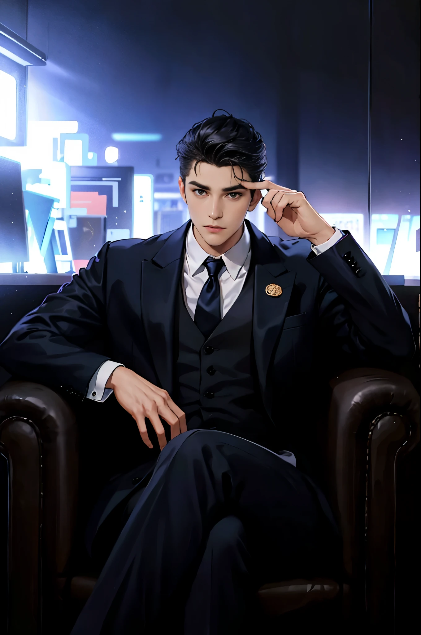 there is a man in a suit sitting in a chair, in black suit, cool hairstyle, legs crossed, Office background