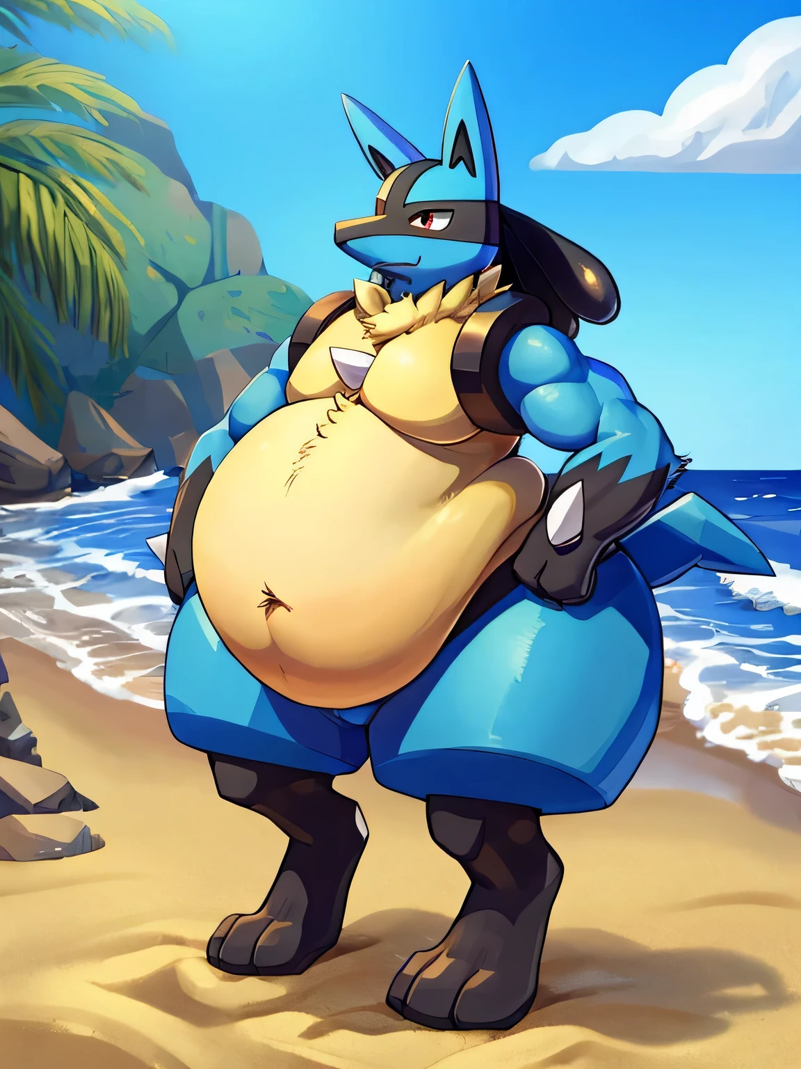 Lucario、muscle-gut, Giant Monsterountain of fat、The body is buried due to fat、The stomach is triangular、Extreme obesity、very thick fat、my stomach touches the ground、Stomach like a giant balance ball、Saggy belly, detailed eyes, Thick animal-like legs、Cheeks that store fat, thick arms、huge torso、thick neck、fat neck、legs buried in fat, thick twisted corners, at the beach,