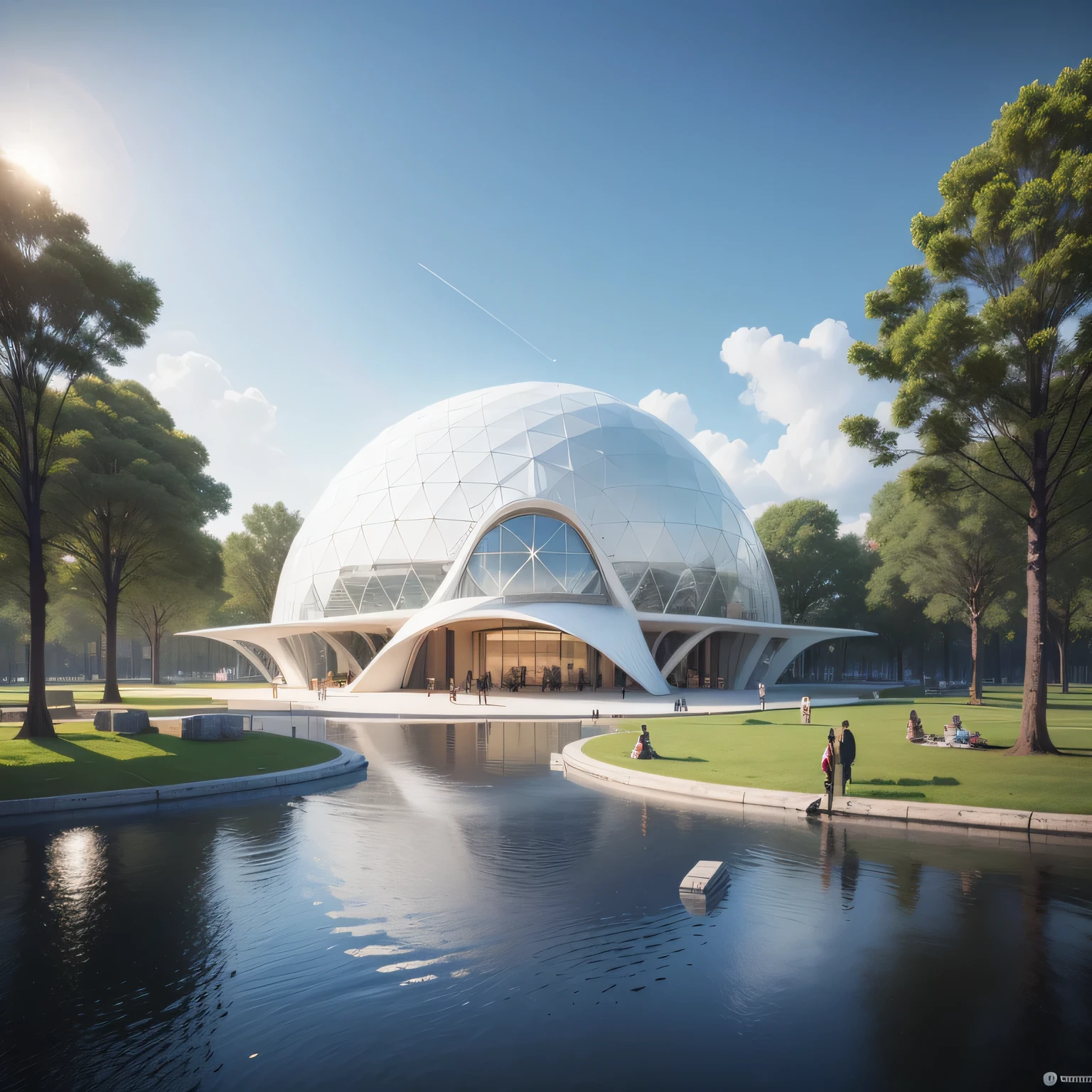 There is a huge white building in the center of the park，The roof adopts membrane structure，has a big roof, Geodesic architecture, futuristic dome, architectural rendering, architectural rendering, Detailed rendering, Moonlight rendering, High quality rendering, architectural renderinging, Geodesic architecture, With 3D rendering, With 3D rendering, Render eight, Highly detailed rendering, 3D printing architecture