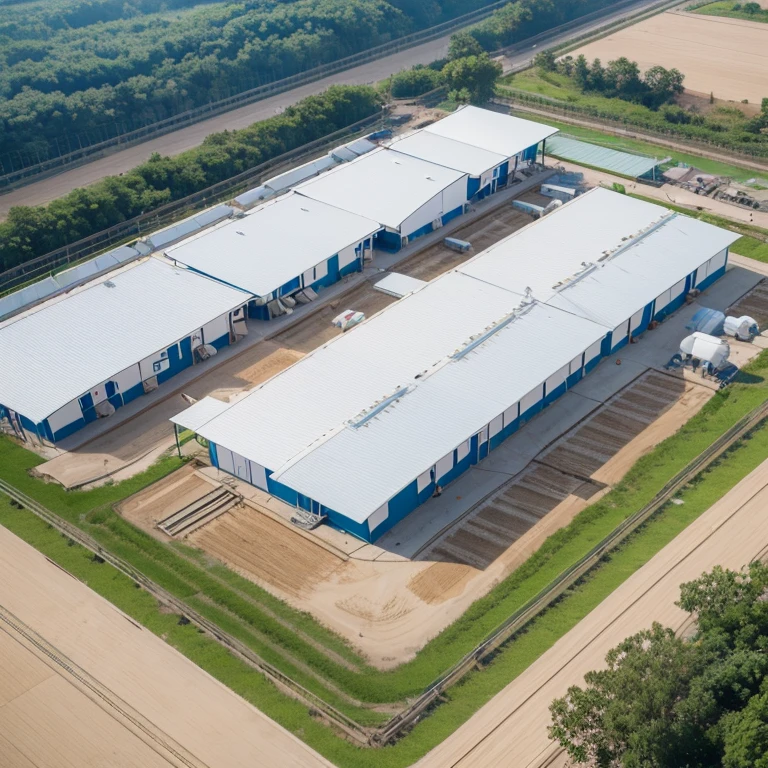 A modern rice processing plant is being built on the playground, including a rice drying area, a packaging room, and a rice processing workshop. Top view rendering is in a wasteland.