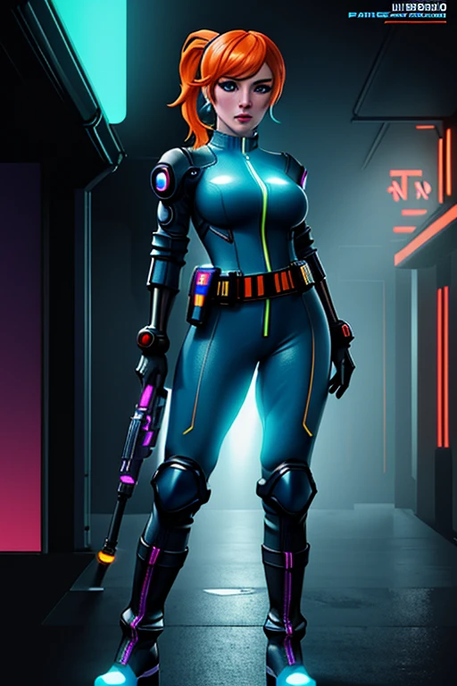 (((masterpiece))), full body frame, Sexy Experienced Cyberpunk Agent, one beautiful woman with pony tail hair style, pale skin, angry, (short orange hair), (blue eyes), dynamic hair, perfect body, medium breast, (Wearing: futuristic blue tight jumpsuit, utility belt, boots), highly detailed, more details, ((cyberpunk)) , ((neon light)), cinematic atmosphere, fog, precise correct anatomy, epic scene, artstation, triadic colors, volumetric lighting , indirect light, dynamic lighting, two side light source, post-processing, global illumination, detailed and intricate environment,8K UHD, concept art, octane render