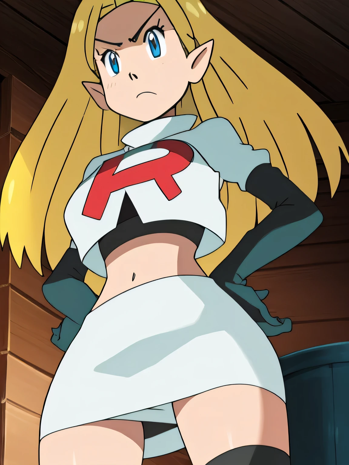 8k, masterpiece,highres,very large breast, team rocket uniform, red letter r, white skirt,white crop top,black thigh-high boots, black elbow gloves, glaring angrily, looking down at viewer, hands on hips, cowboy shot, zettai ryouiki,from below, black panties,anime style, vivid colors, sharp focus, intense lighting,zelda