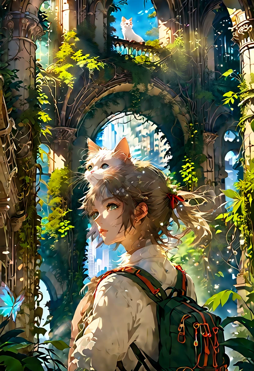 (8K、Raw photo、highest quality、look up:1.2、masterpiece:1.2、genuineistic、ultra high resolution、high contrast、photon mapping、genuine、Super detailed、official art, Raw photo、professional lighting、 light、Vivid atmosphere、twicelight) This anime scene、While having the atmosphere of a work directed by Makoto Shinkai,、Expresses a post-apocalyptic worldview。A girl with a backpack looking at the city skyline from the forest、Reminiscent of emotional scenes。 High-rise buildings in the city are covered with trees from the walls and windows々pops out、The building is covered like a lush jungle.、It depicts a futuristic landscape where nature and the city are fused.。A city bathed in bright sunlight、It suggests a bright and hopeful future.。 A girl trying to enter a building in the city、It symbolizes young people trying to break out into society.。and、The pure white cat that is nestled next to me、As a familiar presence、Watching the girl's journey。 This scene is、I am drawing a post-apocalyptic animation with a unique world view.。