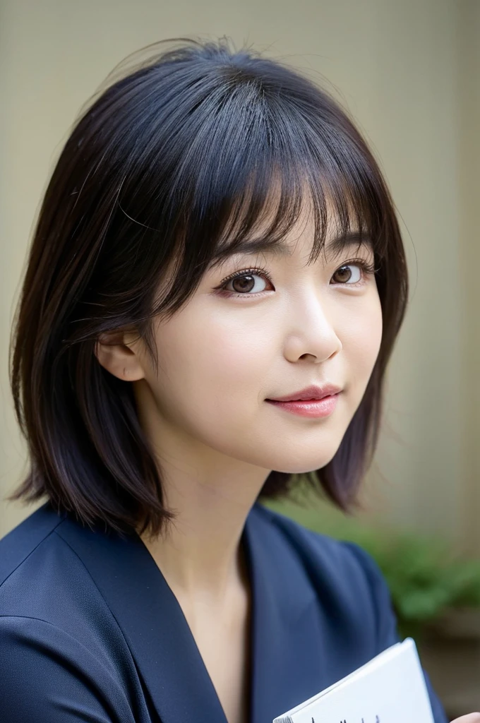 (8K、top-quality、​masterpiece:1.2)、(reallistic、Photorealsitic:1.2)（ultra-detailliert、hight resolution）(Slouched:1.3)、crouching down、(From  above:1.2)、(a closeup:1.4)、（Cut and sewn with loose chest area）Black Business Suit、Office Lady、Smirk,Alafed Girl, chiho, iwakura lain, closeup Iwakura Lain, With short hair, Shiori Teshirogi, Kotegawa Yui, hime-cut, She is 30 years old, sui ishida with black hair, lain iwakura, Beautiful woman - well-groomed face, Clear pubic contours,(Small breasts), hight resolution, ighly detailed, top-quality, [​masterpiece:1.6],, ighly detailed, nffsw, finely detail, top-quality, , Cinematographic lighting, 1womanl、Cute Japan Woman、perfect body type、, cute droopy eyes beautiful big eyes、Transcendent beauty　top-quality、​masterpiece、majicMIX Real、(Raw photography:1.2)、(Photorealsitic:1.4)、s Office、　Negative Prompt