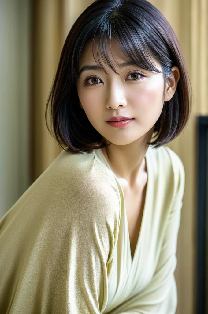 (8K、top-quality、​masterpiece:1.2)、(reallistic、Photorealsitic:1.2)（ultra-detailliert、hight resolution）(Slouched:1.3)、crouching down、(From  above:1.2)、(a closeup:1.4)、（Cut and sewn with loose chest area）Black Business Suit、Office Lady、Smirk,Alafed Girl, chiho, iwakura lain, closeup Iwakura Lain, With short hair, Shiori Teshirogi, Kotegawa Yui, hime-cut, She is 30 years old, sui ishida with black hair, lain iwakura, Beautiful woman - well-groomed face, Clear pubic contours,(Small breasts), hight resolution, ighly detailed, top-quality, [​masterpiece:1.6],, ighly detailed, nffsw, finely detail, top-quality, , Cinematographic lighting, 1womanl、Cute Japan Woman、perfect body type、, cute droopy eyes beautiful big eyes、Transcendent beauty　top-quality、​masterpiece、majicMIX Real、(Raw photography:1.2)、(Photorealsitic:1.4)、s Office、　Negative Prompt
