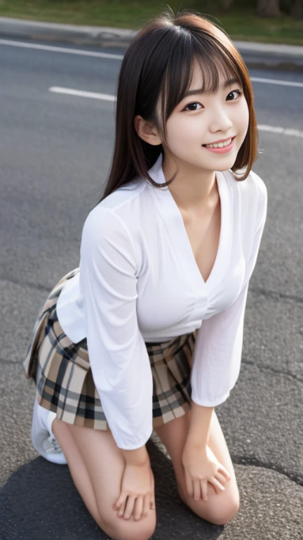 masterpiece, Highest quality, Very detailed, High resolution, (Realistic, photoRealistic:1.37), Excellent anatomy, One beautiful woman,front,Knee-deep shots,Focus on the skirt and thighs.,A small smile, cheer leading, Cheerleader uniform, (shape), Micro Pleated Mini Skirt, ((Very delicate and beautiful)), (Bokeh, Blurred outdoor background), Brown Hair, Long Hair, bangs,Very beautiful face, Cute type, Big Natural Color Lip, Big and pretty eyes, Brown eyes, Obvious double, Small and cute nose, Brown eyes, Shiny highlight spots around the eyes, Character Focus, Tilt your head, The best light, Best Shadow, mysterious, Perfect Face, Very detailed, Soft Skin, (Glowing Skin, Sweaty: 1.2)'Beautiful feet, Voluptuous thighs, Plump body, Huge breasts, (Expresses the roundness and softness of the chest area.........1), Beautiful body, (The perfect woman),