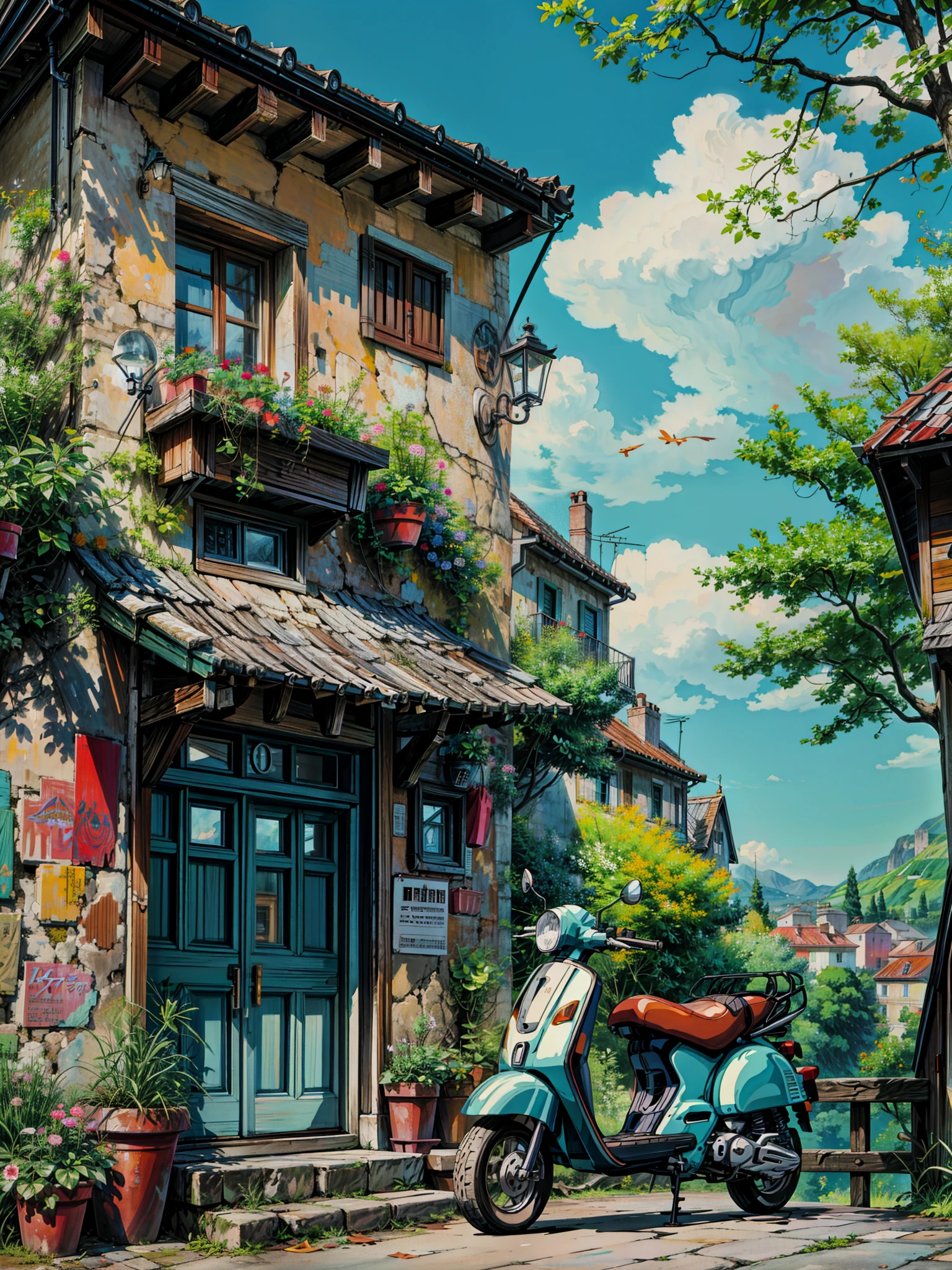 a painting of a scooter parked in front of a house, fantasy italy, anime scenery, beautiful detailed background, street background, scenery art detailed, detailed street, by Evgeny Lushpin, house background, cozy home background, inspired by Evgeny Lushpin, quaint, orange roof, scenery artwork, beautiful iphone wallpaper, very detailed background, by Edward Okuń, 4k hd,, beautiful art uhd 4 k, a beautiful artwork illustration, beautiful digital painting, highly detailed digital painting, beautiful digital artwork, detailed painting 4 k, very detailed digital painting, rich picturesque colors, gorgeous digital painting