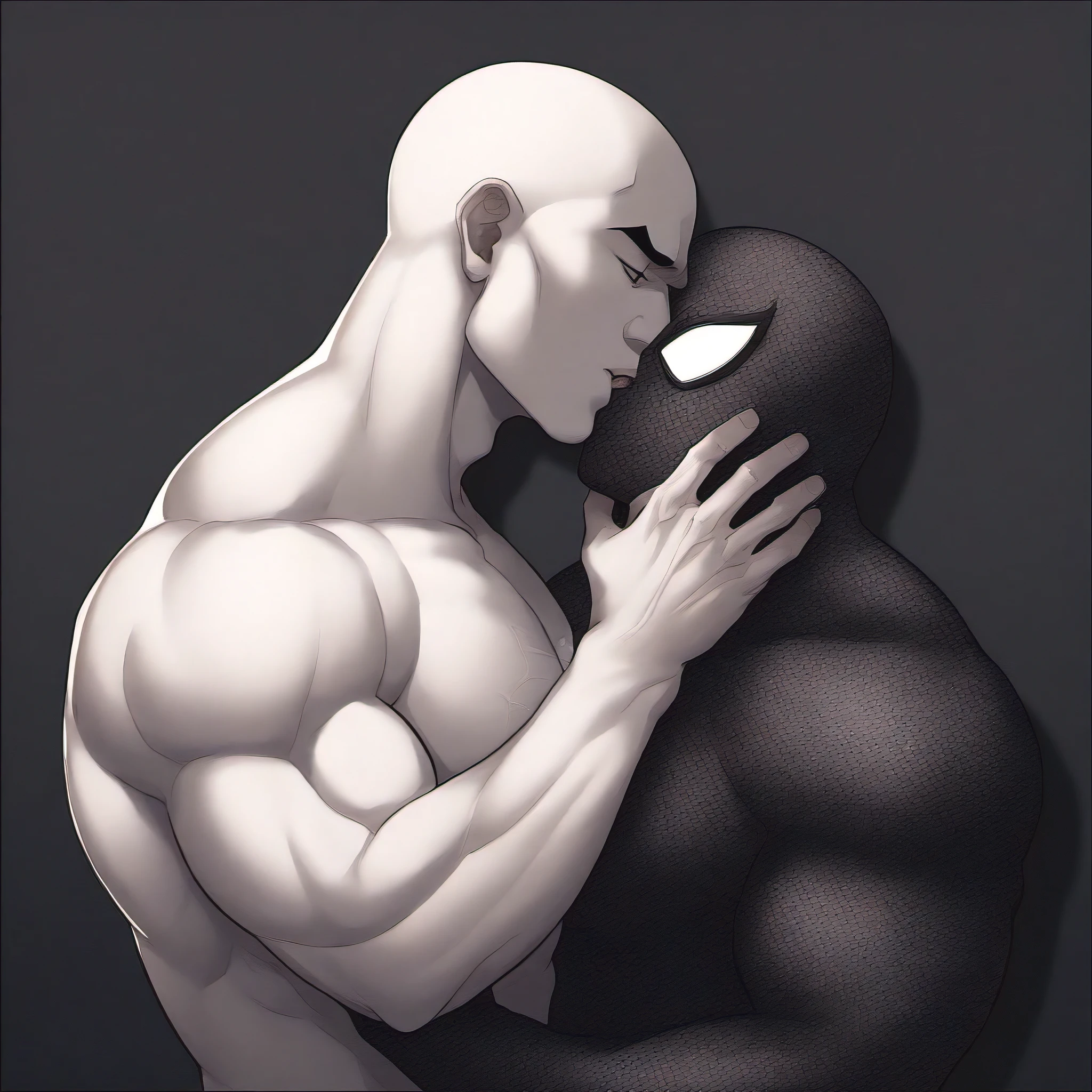 anime characters：White Spider-Man and Black Spider-Man, Embrace, kiss, Muscular Spider-Man, male focus, No Spider-Man Logo, Upper body, Buzz Cut, eyes are sad shape, aged leather texture, He wears a White tights, small grid texture, spiderman mask, Spider-Man logo, muscular male, Extra large breasts, only, alone, Black background, simple background, amazing quality, best aesthetics, Ridiculous, crew cut, drop shadow, best quality