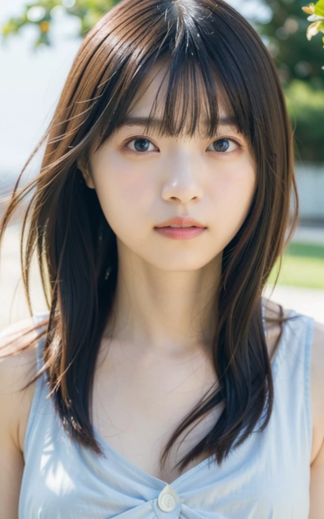table top, highest quality, 16K, 1 girl, Raw photo, professional photography, portrait, soft light, professional lighting, alone, 笑face, close,  face, close, cute, girly, goddess, delicate girl, pure beauty, Digital single-lens reflex camera, look away, Frank, Sophisticated, film grain, (目とfaceの詳細:1.0), long hair fluttering in the wind, Only half of the tip is rolled up, (Tight cotton blouse、sleeveless、Light light blue、translucent、No bra、nipple protrusion)、side、(big breasts:1.2)、cute hanging eyes、