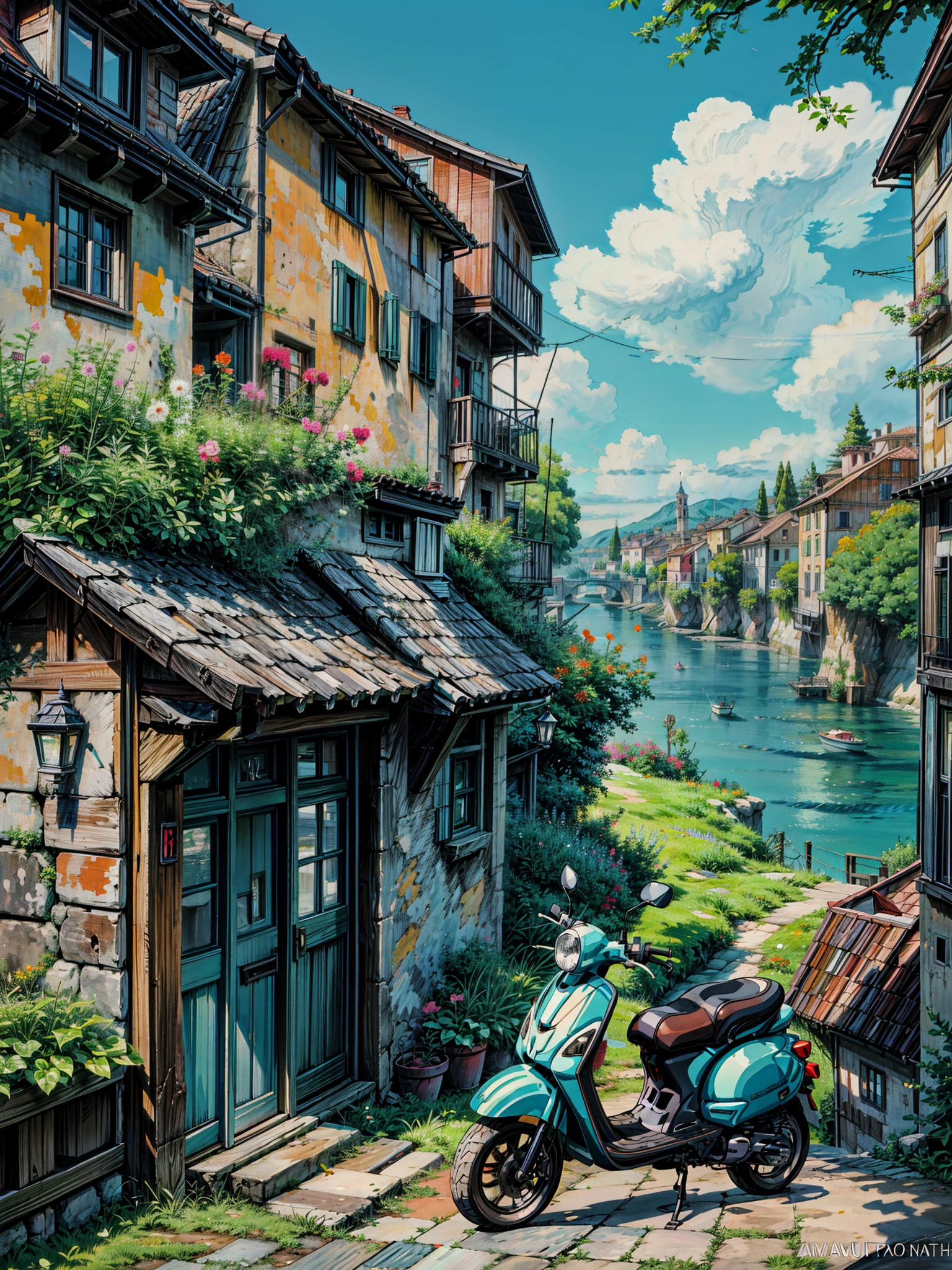 a painting of a scooter parked in front of a house, fantasy italy, anime scenery, beautiful detailed background, street background, scenery art detailed, detailed street, by Evgeny Lushpin, house background, cozy home background, inspired by Evgeny Lushpin, quaint, orange roof, scenery artwork, beautiful iphone wallpaper, very detailed background, by Edward Okuń, 4k hd,, beautiful art uhd 4 k, a beautiful artwork illustration, beautiful digital painting, highly detailed digital painting, beautiful digital artwork, detailed painting 4 k, very detailed digital painting, rich picturesque colors, gorgeous digital painting, no people
