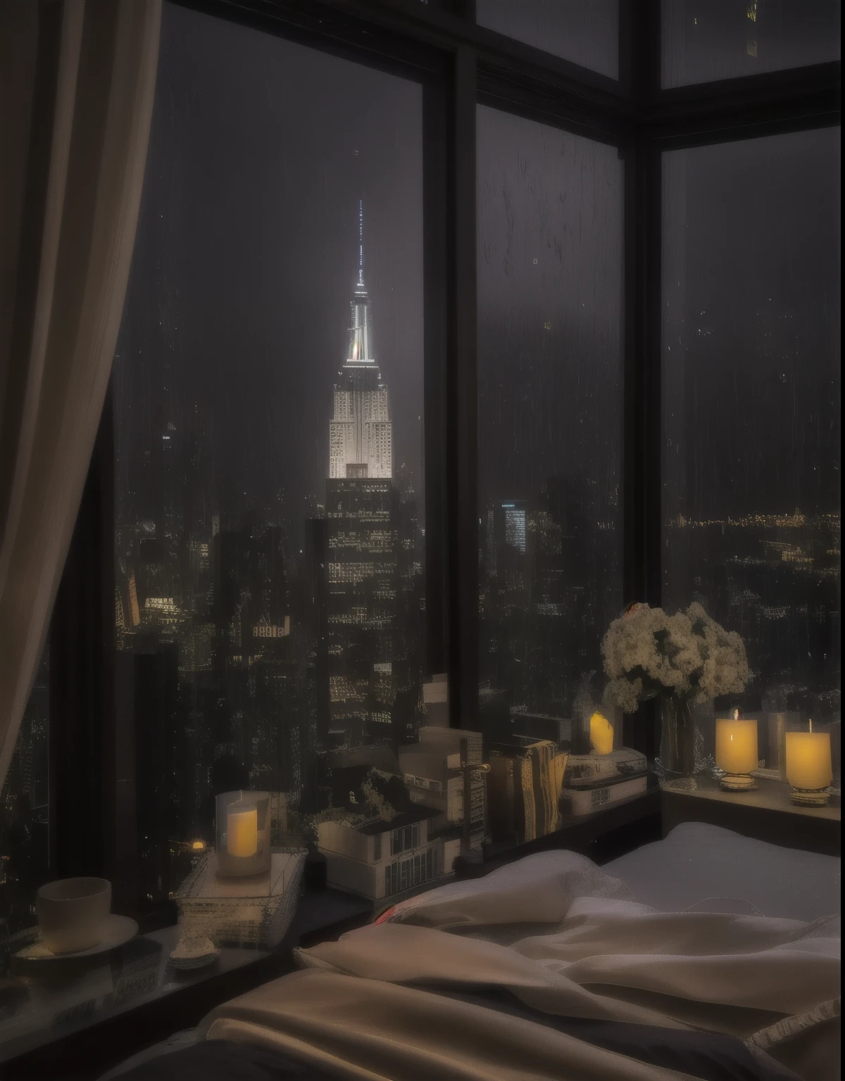 City view from the bedroom with bed and window, rooftop romantic, rainy evening, cozy atmosphere, rainy afternoon, cozy room, cozy place, Written by Evgeny Rashpin, Rainy night, romantic atmosphere, cozy environment, Rainy nightの街, Rainy nightの街, romantic atmosphere, dreamy and romantic, New York City