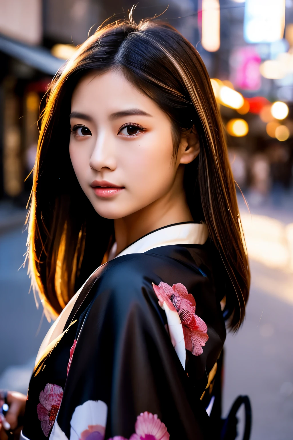 Beautiful Japanese supermodel woman, A lock of hair with slight highlights, black eyes, Sexy，street background，Gorgeous kimono , Liquid color flows across her face, Shooting against the light，Perfect facial lighting，mixed media