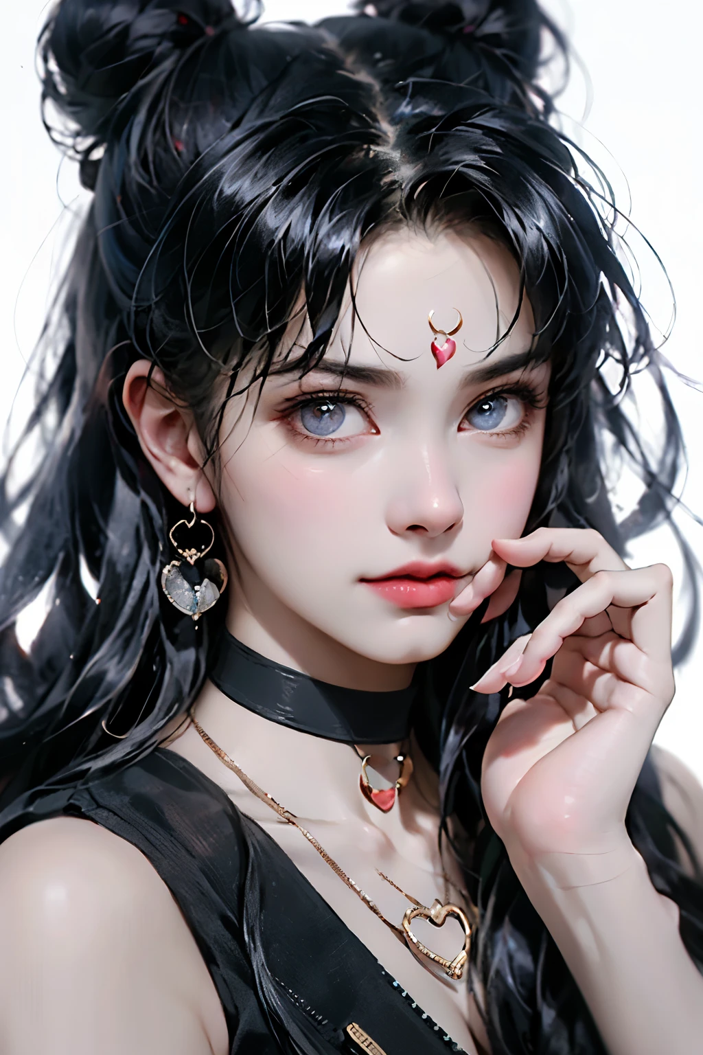 masterpiece,highest quality,Super detailed,8K,detailed light,detailed shadow,original, (fine skin),(realistic:1.2),
1 girl,face,
Piriyon, black nails, jewelry, long hair, view viewer, choker necklace, necklace,earrings, white background, heart, closed mouth, with gray eyes, nail polish, simple background, black hair, 耳にearringsの穴を開ける, Black necklace, 笑face, eyelash, lips, put your hand on your cheek, bangs, bracelet,  earrings, finger nails