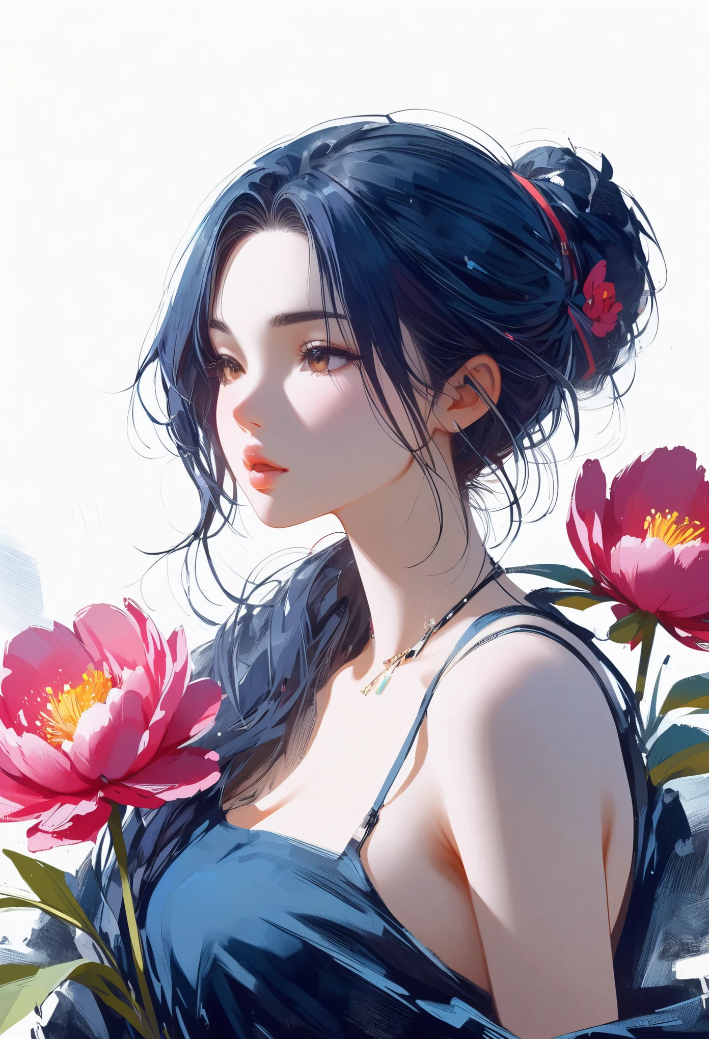 (best quality, High resolution, masterpiece:1.2), a vibrant, delicate lips, exquisite eyes, Realistic lighting, female love, Lively, No background, solitary figure, plant-based women, peony,